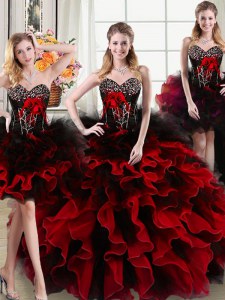 Four Piece Black and Red Ball Gowns Organza and Tulle Sweetheart Sleeveless Beading and Ruffles and Hand Made Flower Floor Length Lace Up Quince Ball Gowns