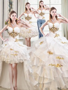 Graceful Four Piece White Lace Up Vestidos de Quinceanera Beading and Ruffles Sleeveless Floor Length