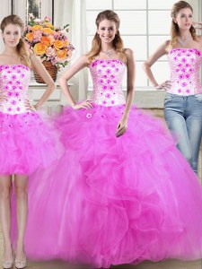 Custom Made Three Piece Mermaid Floor Length Lace Up Quince Ball Gowns Fuchsia for Military Ball and Sweet 16 and Quinceanera with Beading and Appliques and Ruffles