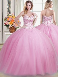 Fantastic Floor Length Ball Gowns Sleeveless Rose Pink Quinceanera Gown Lace Up