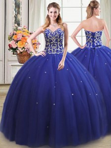 Glamorous Royal Blue Tulle Lace Up Sweetheart Sleeveless Floor Length 15th Birthday Dress Beading