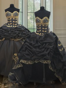 Three Piece Black Sleeveless With Train Beading and Embroidery and Pick Ups Lace Up Sweet 16 Dresses