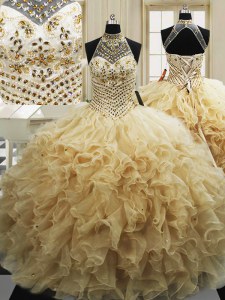 Dynamic With Train Champagne Vestidos de Quinceanera High-neck Sleeveless Sweep Train Lace Up