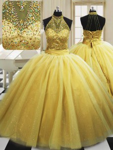 Sweet With Train Lace Up Sweet 16 Quinceanera Dress Yellow for Military Ball and Sweet 16 and Quinceanera with Beading Sweep Train