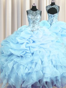 Stunning Scoop See Through Floor Length Light Blue Sweet 16 Quinceanera Dress Organza Sleeveless Beading and Ruffles and Pick Ups