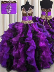 Fancy Leopard V-neck Sleeveless Quinceanera Dresses Floor Length Beading and Ruffles Multi-color Organza