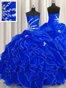 Modest Royal Blue Ball Gowns Beading and Appliques and Ruffles Quinceanera Dresses Lace Up Organza Sleeveless Floor Length