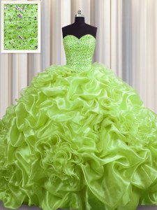 Yellow Green Quince Ball Gowns Military Ball and Sweet 16 and Quinceanera and For with Beading and Pick Ups Sweetheart Sleeveless Court Train Lace Up