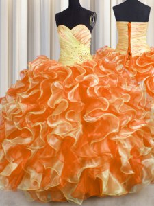 Sweetheart Sleeveless Sweet 16 Dress Floor Length Beading and Ruffles Multi-color Organza