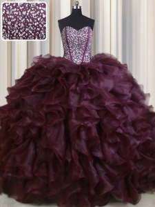 Visible Boning Organza Sweetheart Sleeveless Brush Train Lace Up Beading and Ruffles Ball Gown Prom Dress in Burgundy