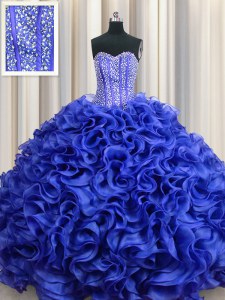 Best Selling Visible Boning Sweetheart Sleeveless Lace Up Quince Ball Gowns Royal Blue Organza