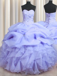 Visible Boning Lavender Organza Lace Up Quince Ball Gowns Sleeveless Floor Length Beading and Ruffles