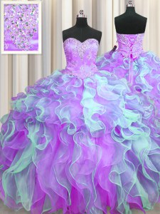 Enchanting Multi-color Lace Up Ball Gown Prom Dress Beading and Appliques and Ruffles Sleeveless Floor Length