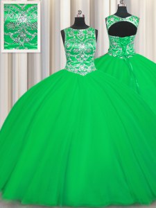 Scoop Sleeveless Lace Up Ball Gown Prom Dress Green Tulle