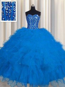Modern Visible Boning Sweetheart Sleeveless Tulle Sweet 16 Dress Beading and Ruffles and Sequins Lace Up