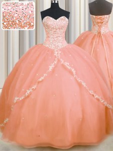 New Arrival Peach Sleeveless Organza Brush Train Lace Up Ball Gown Prom Dress for Military Ball and Sweet 16 and Quinceanera