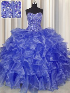 Perfect Visible Boning Blue Strapless Neckline Beading and Ruffles Sweet 16 Quinceanera Dress Sleeveless Lace Up