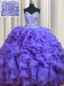 Free and Easy Bling-bling With Train Lavender 15 Quinceanera Dress Sweetheart Sleeveless Brush Train Lace Up