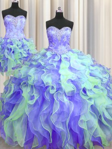 Stylish Three Piece Sleeveless Lace Up Floor Length Beading and Appliques and Ruffles Quinceanera Gown