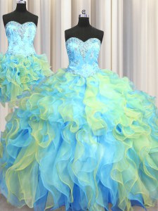 Three Piece Sweetheart Sleeveless Organza 15th Birthday Dress Beading and Appliques and Ruffles Lace Up