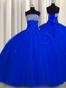 Really Puffy Sleeveless Tulle Floor Length Lace Up 15 Quinceanera Dress in Royal Blue with Beading and Sequins