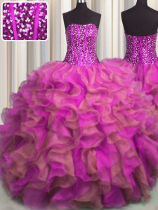Flirting Visible Boning Beaded Bodice Organza Strapless Sleeveless Lace Up Beading and Ruffles Quinceanera Gowns in Multi-color