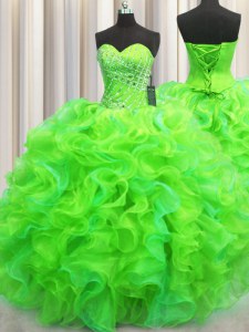 Green Sleeveless Beading and Ruffles Floor Length Sweet 16 Dresses