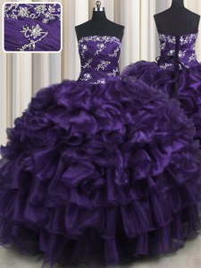 Fashion Ruffled Layers Purple Sleeveless Organza Lace Up Quinceanera Gowns for Military Ball and Sweet 16 and Quinceanera