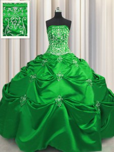 Modern Green Ball Gowns Strapless Sleeveless Taffeta Floor Length Lace Up Beading and Appliques and Embroidery Quinceanera Gowns