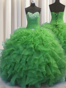 Beaded Bust Green Ball Gowns Beading and Ruffles Quinceanera Dresses Lace Up Organza Sleeveless Floor Length