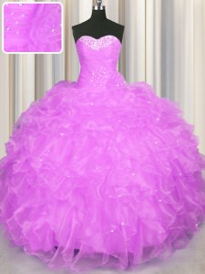 Lilac Sleeveless Organza Lace Up 15th Birthday Dress for Military Ball and Sweet 16 and Quinceanera