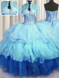 Visible Boning Bling-bling Floor Length Multi-color Vestidos de Quinceanera Organza Sleeveless Beading and Ruffled Layers