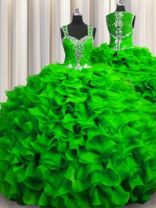 Zipple Up See Through Back Sleeveless Organza Floor Length Zipper Sweet 16 Dresses in with Beading and Ruffles