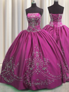 Fuchsia Lace Up Strapless Beading and Embroidery Quinceanera Dresses Taffeta Sleeveless