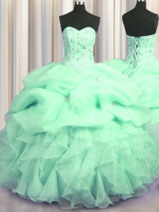 Visible Boning Sleeveless Organza Floor Length Lace Up Quinceanera Gowns in Apple Green with Beading and Ruffles