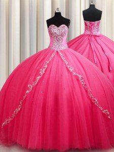 Shining Hot Pink Sleeveless Tulle Brush Train Lace Up 15th Birthday Dress for Military Ball and Sweet 16 and Quinceanera