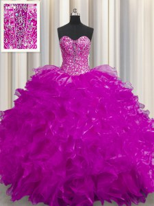 See Through Fuchsia Ball Gowns Sweetheart Sleeveless Organza Floor Length Lace Up Beading and Ruffles Sweet 16 Quinceanera Dress