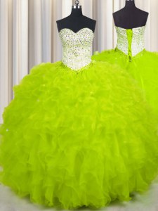 Colorful Sleeveless Tulle Floor Length Lace Up Quinceanera Dress in Yellow Green with Beading and Ruffles