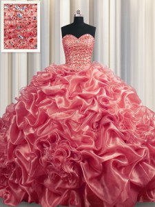 Organza Sweetheart Sleeveless Court Train Lace Up Beading and Pick Ups Sweet 16 Dresses in Watermelon Red