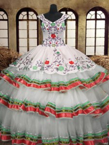 Organza Sleeveless Floor Length Sweet 16 Dress and Embroidery and Ruffled Layers