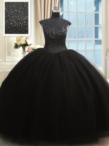 High Neck Floor Length Black Sweet 16 Dresses Tulle Cap Sleeves Beading