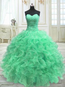 Charming Green Ball Gowns Organza Sweetheart Sleeveless Beading and Ruffles Floor Length Lace Up Sweet 16 Dress