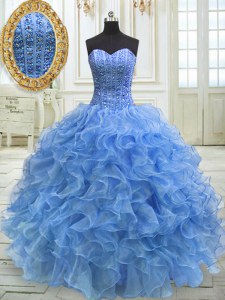 Clearance Baby Blue Ball Gowns Beading and Ruffles Quinceanera Gown Lace Up Organza Sleeveless Floor Length