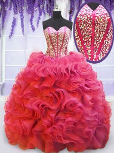 Glorious Sweetheart Sleeveless 15 Quinceanera Dress Beading and Ruffles Coral Red Organza
