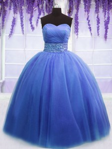 Blue Sleeveless Beading and Belt Floor Length Sweet 16 Quinceanera Dress