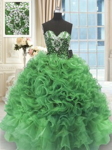 Green Organza Lace Up Sweet 16 Dresses Sleeveless Floor Length Beading and Ruffles