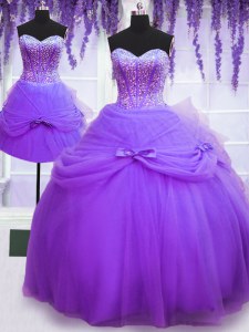Top Selling Three Piece Floor Length Purple 15th Birthday Dress Sweetheart Sleeveless Lace Up