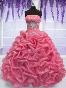 Beading Quinceanera Dress Rose Pink Lace Up Sleeveless Floor Length