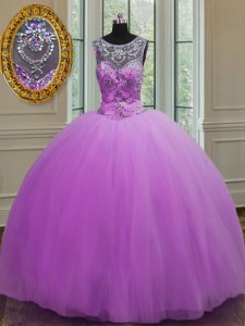 Halter Top Floor Length Ball Gowns Sleeveless Purple Quinceanera Gown Lace Up