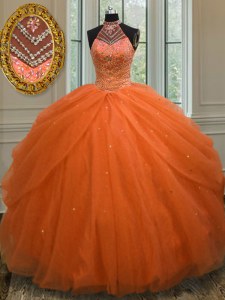 Cheap Halter Top Orange Red Sleeveless Tulle Lace Up Sweet 16 Quinceanera Dress for Military Ball and Sweet 16 and Quinceanera